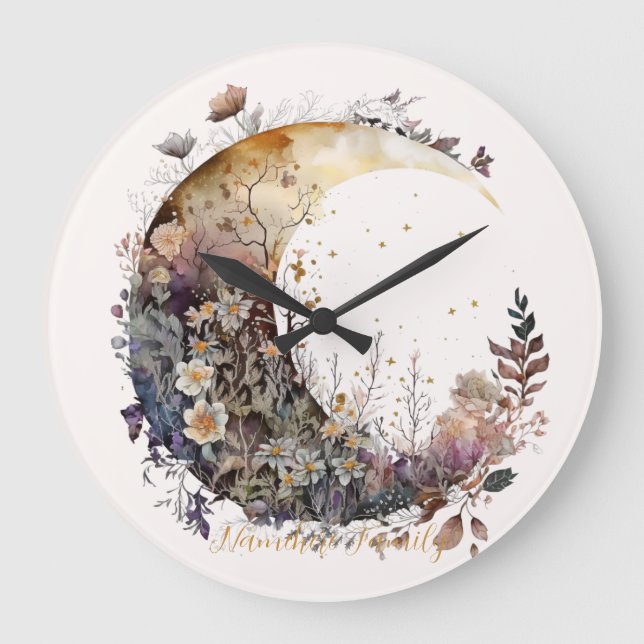 Create Your Own Rustic Sunset Floral Crescent Moon Large Clock (Front)