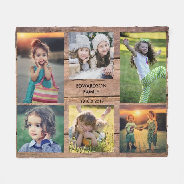 Create your own rustic wood family photo collage fleece blanket (Front (Horizontal))