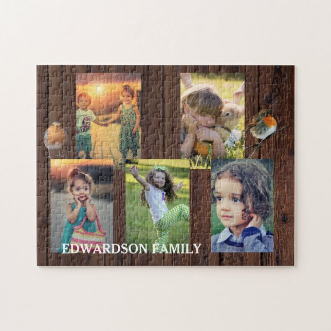 Create your own rustic wood family photo collage jigsaw puzzle (Horizontal)