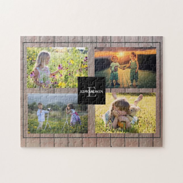 Create your own rustic wood family photo collage jigsaw puzzle (Horizontal)