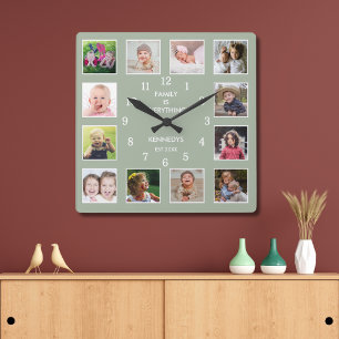 Create Your Own Sage Green 12 Photo Collage Quote  Square Wall Clock