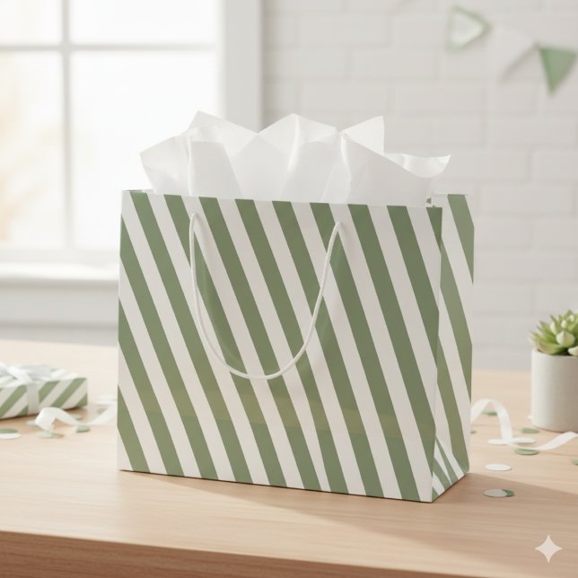 Create Your Own Sage Green White Striped Pattern Large Gift Bag (Creator Uploaded)