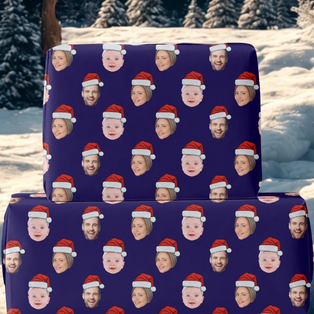 Create Your Own Santa Hat Face 3 Photo Blue Wrapping Paper (Creator Uploaded)