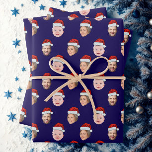 Create Your Own Santa Hat Face 3 Photo Blue Wrapping Paper Sheet