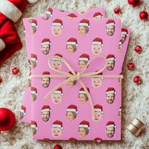 Create Your Own Santa Hat Face 3 Photo Pink Wrapping Paper Sheet