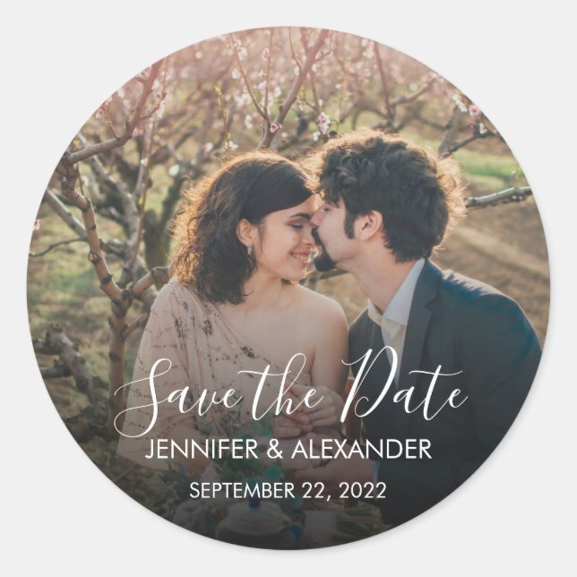 Create your own Save the Date photo wedding Classic Round Sticker (Front)