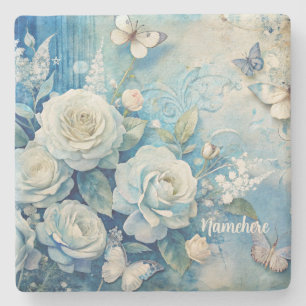 Create Your Own Shabby Chic Butterflies White Rose Stone Coaster
