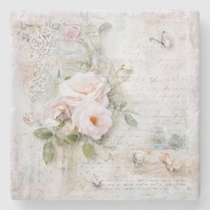 Create Your Own Shabby Chic Pink Roses Butterflies Stone Coaster