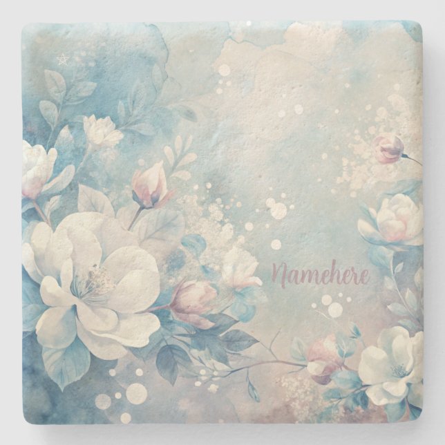 Create Your Own Shabby Chic Pink & White Roses Stone Coaster (Front)