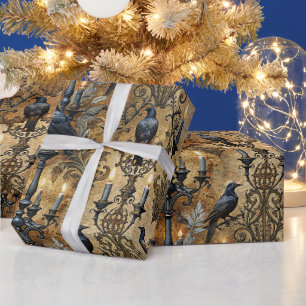 Create Your Own Silver Gold Gothic Ravens Damask Wrapping Paper
