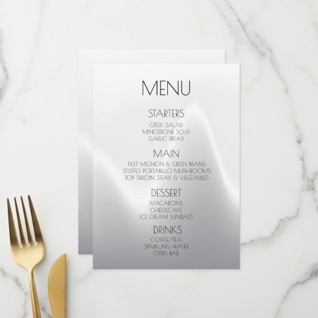 Create Your Own Simple Silver Wave Wedding Menu (Front/Back In Situ)