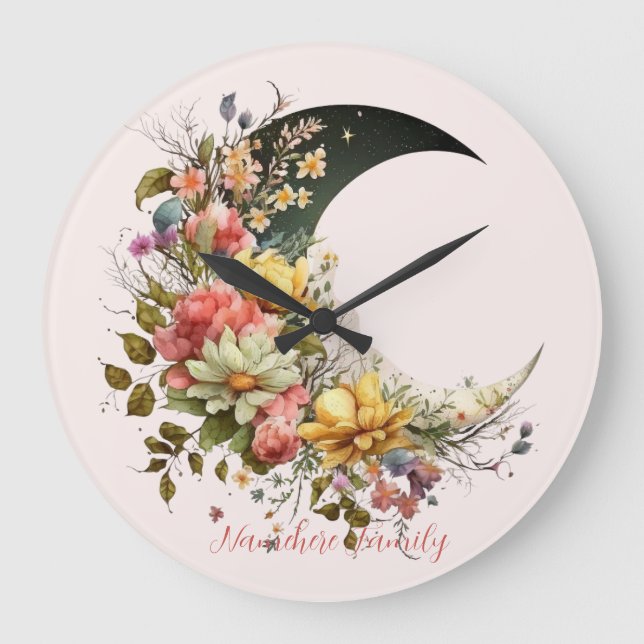 Create Your Own Spring Floral Crescent Moon Large Clock (Front)