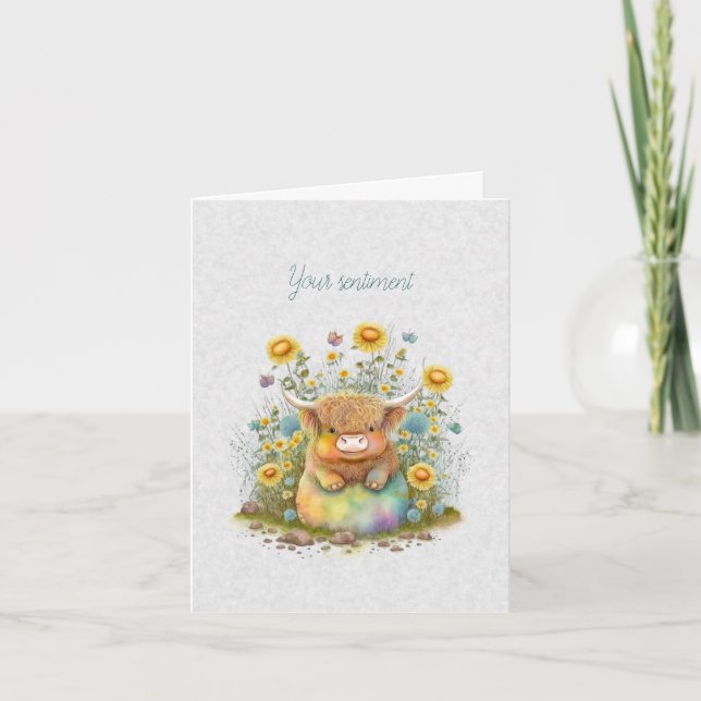 Create Your Own Spring Highland Bull & Wildflowers Card (Front)