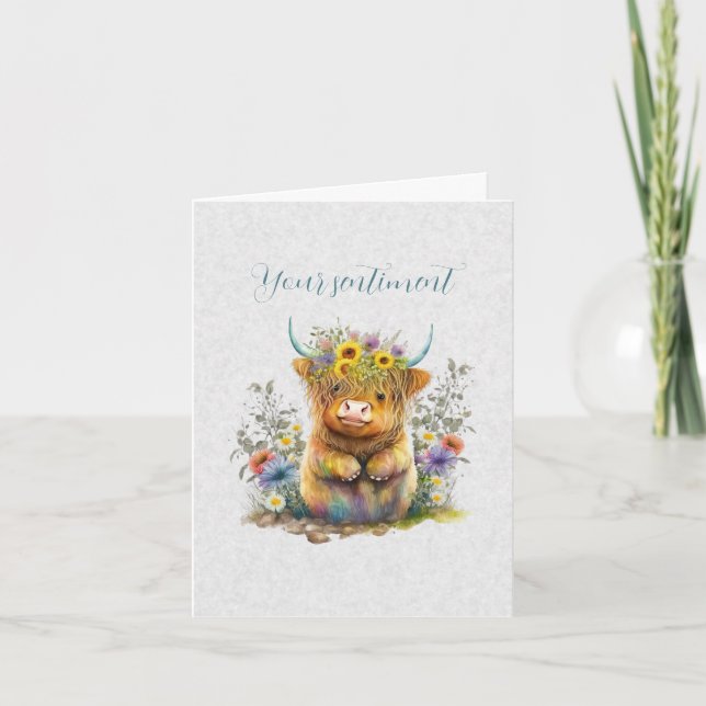 Create Your Own Spring Highland Bull & Wildflowers Card (Front)