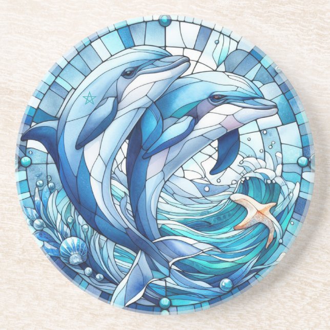 Create Your Own Stained Glass Happy Dolphins Coaster (Front)
