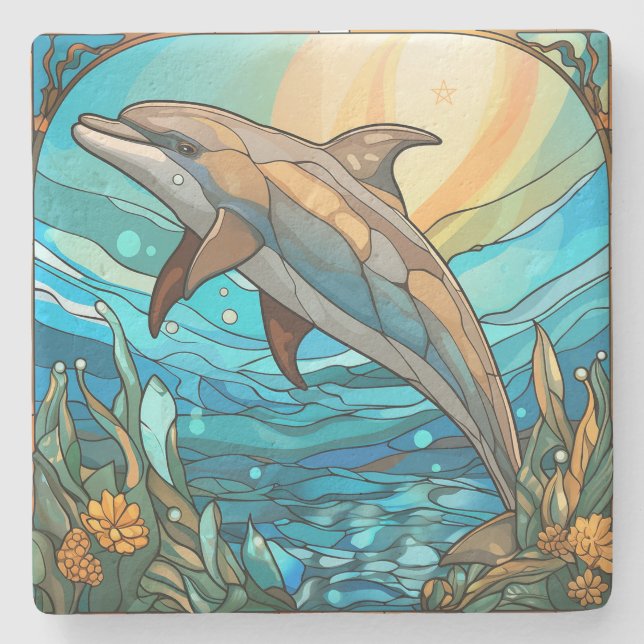 Create Your Own Stained Glass Leaping Dolphin Stone Coaster (Front)