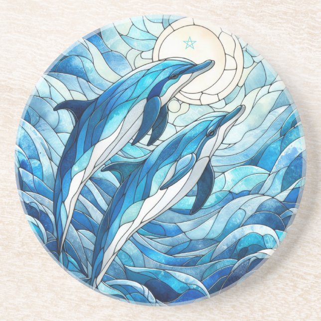 Create Your Own Stained Glass Morning Dolphins Coaster (Front)