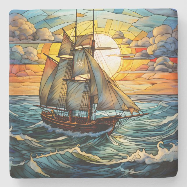 Create Your Own Stained Glass Sailing Tall Ship Stone Coaster (Front)