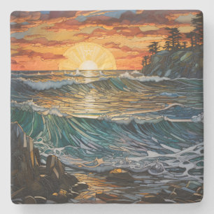 Create Your Own Stained Glass Sunset Seascape Stone Coaster