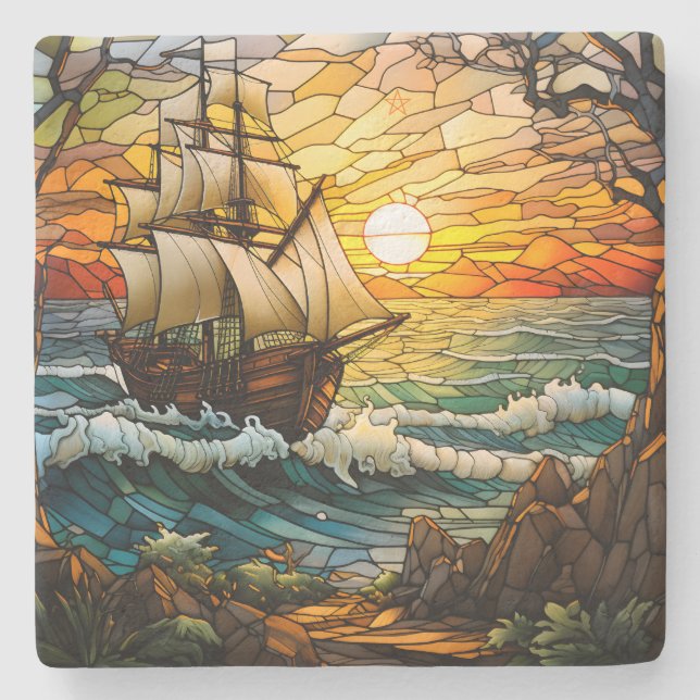 Create Your Own Stained Glass Sunset Tall Ship Stone Coaster (Front)