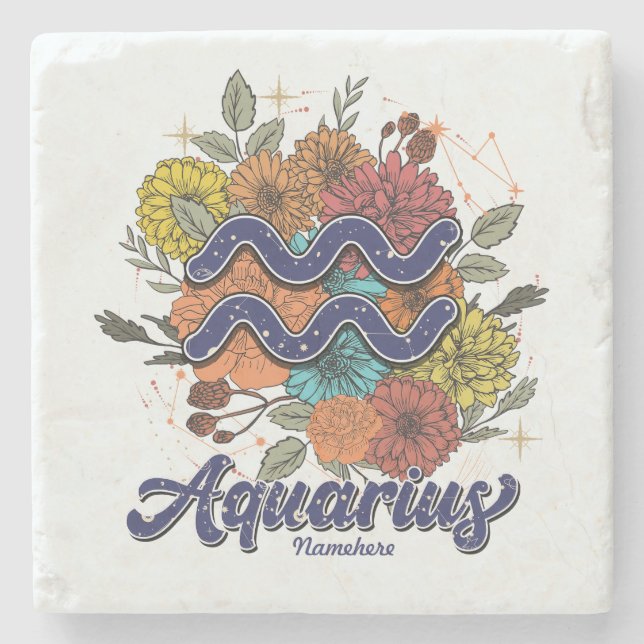 Create Your Own Starry Floral Aquarius Stone Coaster (Front)