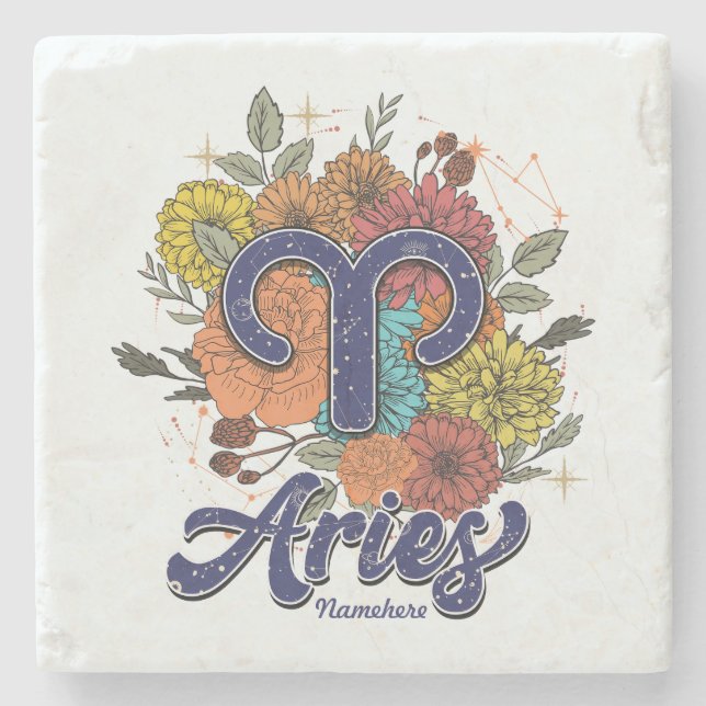 Create Your Own Starry Floral Aries Stone Coaster (Front)