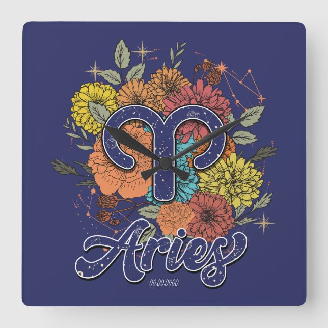 Create Your Own Starry Floral Aries Zodiac Square Wall Clock (Front)