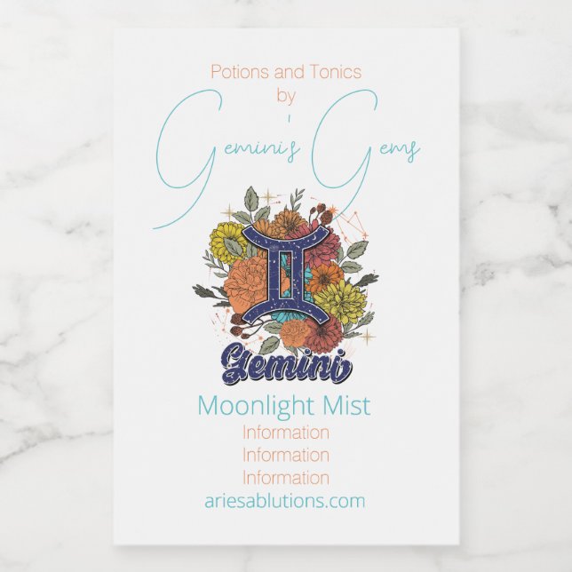 Create Your Own Starry Floral Gemini Zodiac Wine Label (Single Label)