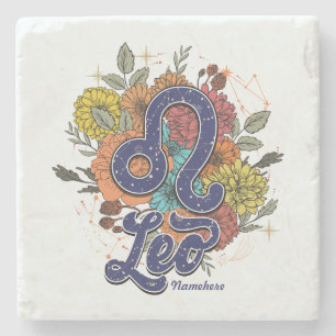 Create Your Own Starry Floral Leo Stone Coaster