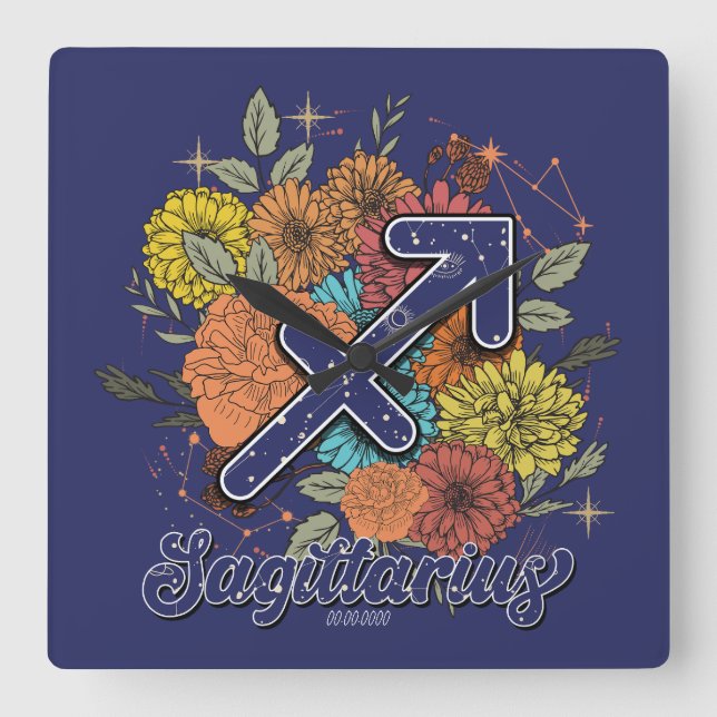 Create Your Own Starry Floral Sagittarius Zodiac Square Wall Clock (Front)