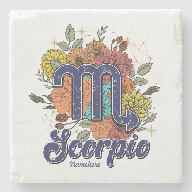 Create Your Own Starry Floral Scorpio Stone Coaster (Front)