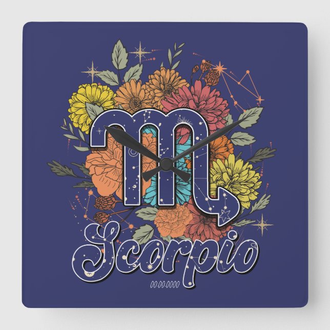 Create Your Own Starry Floral Scorpio Zodiac Square Wall Clock (Front)