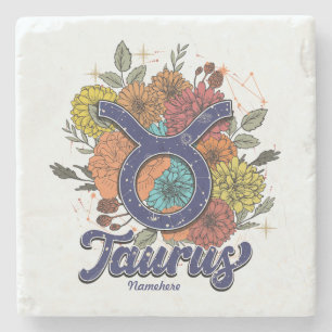 Create Your Own Starry Floral Taurus Stone Coaster