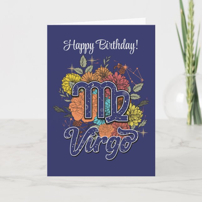 Create Your Own Starry Floral Virgo Zodiac Holiday Card (Front)
