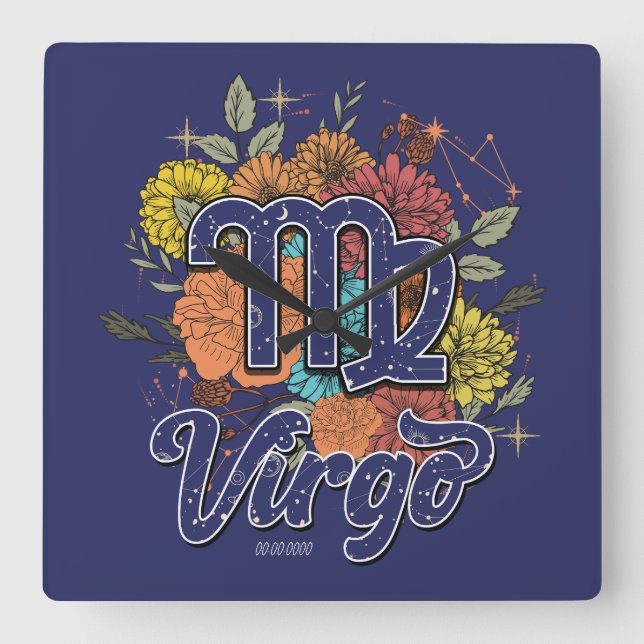 Create Your Own Starry Floral Virgo Zodiac Square Wall Clock (Front)