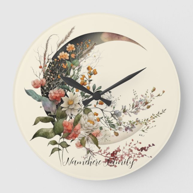 Create Your Own Summer Floral Crescent Moon Large Clock (Front)