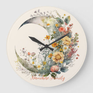 Create Your Own Sunny Floral Crescent Moon Large Clock