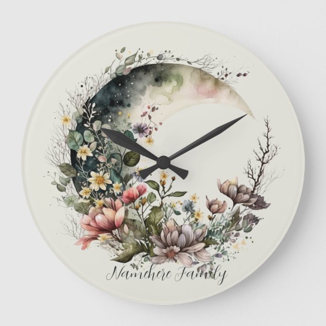 Create Your Own Tea Roses Floral Crescent Moon Large Clock (Front)