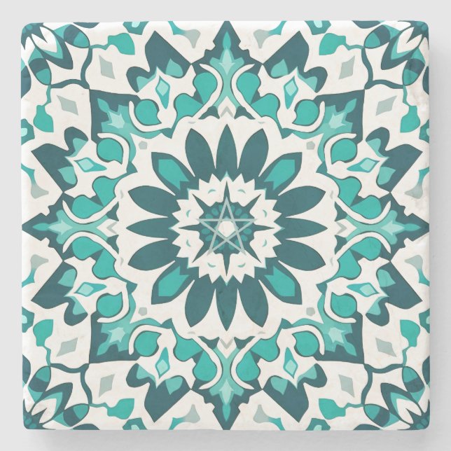 Create Your Own Teal Aqua Grey Faux Talavera Stone Coaster (Front)