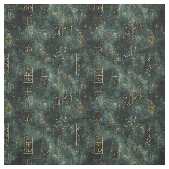 Create Your Own Teal Gold Arcane Scribbles Black Fabric (Swatch)