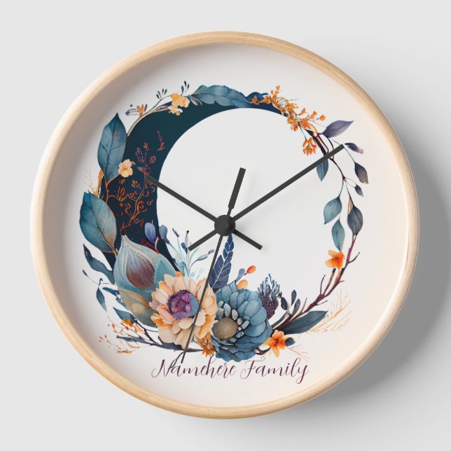 Create Your Own Teal & Gold Floral Moon Clock (Front)
