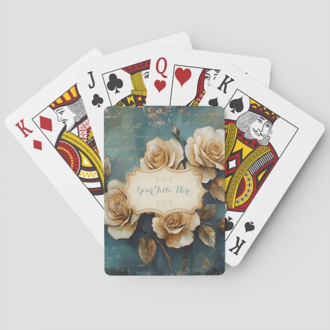 Create Your Own Teal & Gold Rose Bouquet Floral Playing Cards (Back)