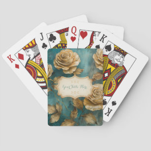 Create Your Own Teal & Gold Roses Floral Playing Cards