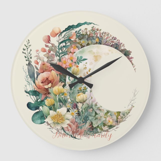 Create Your Own Tropical Floral Crescent Moon Large Clock (Front)