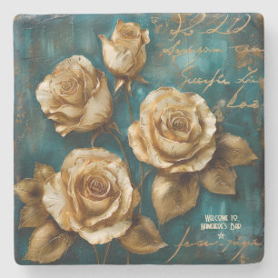 Create Your Own Turquoise Gold Roses Spray Floral Stone Coaster