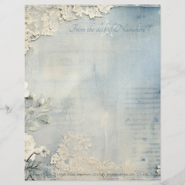 Create Your Own Victorian Lacy Blue Flowers Custom Letterhead (Front)