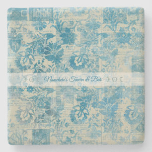 Create Your Own Vintage Blue Brocade Newsprint Stone Coaster