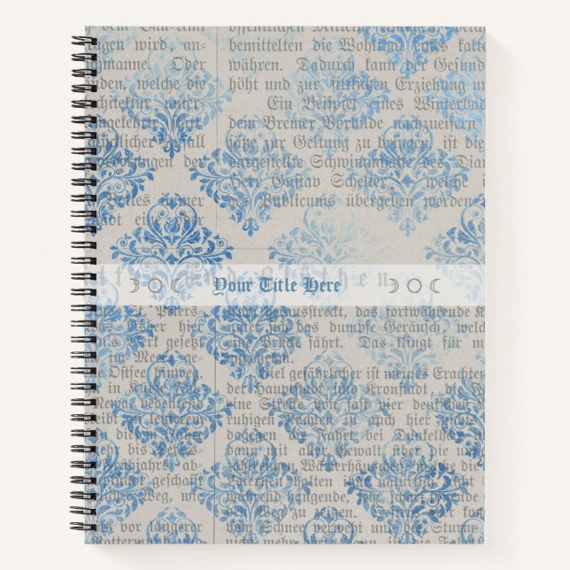 Create Your Own Vintage Blue Damask Newsprint Notebook (Front)