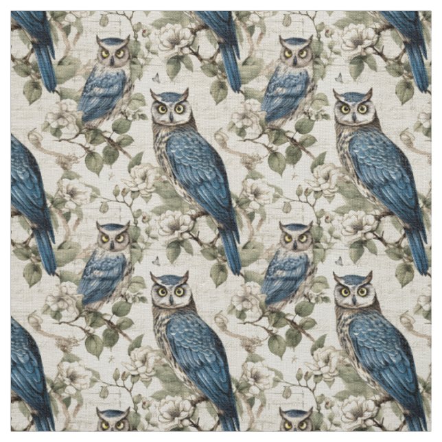 Create Your Own Vintage Blue Owls Fabric (Swatch)