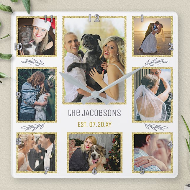 Create Your Own Wedding or Family 8 Photo Collage Square Wall Clock (Creator Uploaded)
